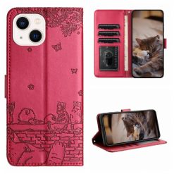Peněženkové pouzdro Embossing Pattern Kočky červené – Apple iPhone 15 Plus | Levné Kryty | Levné Kryty | Levné Kryty