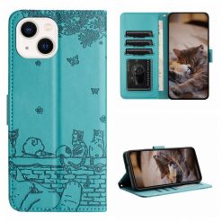 Peněženkové pouzdro Embossing Pattern Kočky modré – Apple iPhone 15 Plus | Levné Kryty | Levné Kryty | Levné Kryty