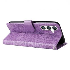 Peněženkové pouzdro Embossing Pattern Slunečnice fialové – Samsung Galaxy S23 FE | Levné Kryty | Levné Kryty | Levné Kryty