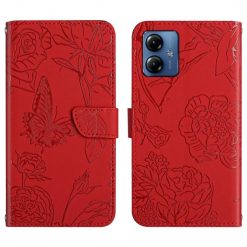 Peněženkové pouzdro Embossing Pattern Motyl a růže červené – Motorola Moto G54 5G / G54 Power Edition | Levné Kryty | Levné Kryty | Levné Kryty