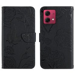 Peněženkové pouzdro Embossing Pattern Motyl a růže černé – Motorola Moto G84 5G | Levné Kryty | Levné Kryty | Levné Kryty