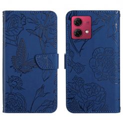 Peněženkové pouzdro Embossing Pattern Motyl a růže modré – Motorola Moto G84 5G | Levné Kryty | Levné Kryty | Levné Kryty