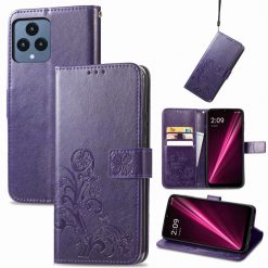 Peněženkové pouzdro Embossing Pattern Čtyřlístek fialové – T Phone / T Phone (2023) | Levné Kryty | Levné Kryty | Levné Kryty
