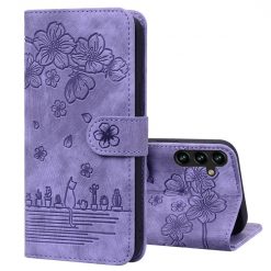 Peněženkové pouzdro Embossing Pattern Kočka fialové – Samsung Galaxy A15 4G/5G | Levné Kryty | Levné Kryty | Levné Kryty