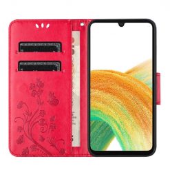 Peněženkové pouzdro Embossing Pattern Motyl a květ červené – Samsung Galaxy A15 4G/5G | Levné Kryty | Levné Kryty | Levné Kryty