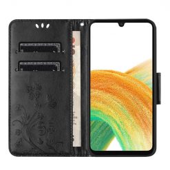 Peněženkové pouzdro Embossing Pattern Motyl a květ černé – Samsung Galaxy A15 4G/5G | Levné Kryty | Levné Kryty | Levné Kryty