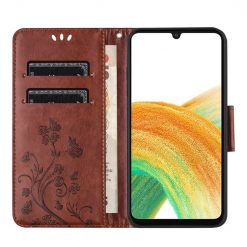 Peněženkové pouzdro Embossing Pattern Motyl a květ hnědé – Samsung Galaxy A15 4G/5G | Levné Kryty | Levné Kryty | Levné Kryty
