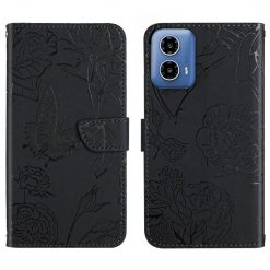 Peněženkové pouzdro Embossing Pattern Motýľ a růže černé – Motorola Moto G34 5G | Levné Kryty | Levné Kryty | Levné Kryty