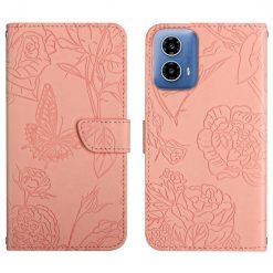Peněženkové pouzdro Embossing Pattern Motýľ a růže růžové – Motorola Moto G34 5G | Levné Kryty | Levné Kryty | Levné Kryty