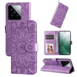 Peněženkové pouzdro Embossing Pattern Slunečnice fialové – Xiaomi 14 | Levné Kryty | Levné Kryty | Levné Kryty