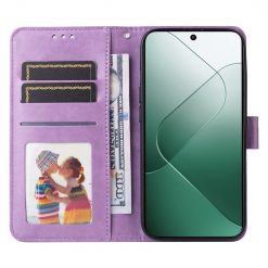Peněženkové pouzdro Embossing Pattern Slunečnice fialové – Xiaomi 14 | Levné Kryty | Levné Kryty | Levné Kryty