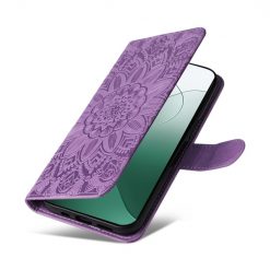 Peněženkové pouzdro Embossing Pattern Slunečnice fialové – Xiaomi 14 | Levné Kryty | Levné Kryty | Levné Kryty