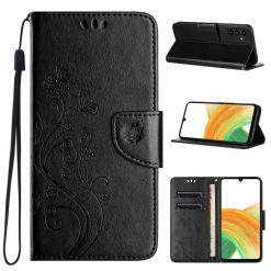Peněženkové pouzdro Embossing Pattern Motyl a květ černé – Samsung Galaxy A35 5G | Levné Kryty | Levné Kryty | Levné Kryty