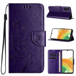 Peněženkové pouzdro Embossing Pattern Motyl a květ tmavofialové – Samsung Galaxy A35 5G | Levné Kryty | Levné Kryty | Levné Kryty