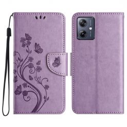 Peněženkové pouzdro Embossing Pattern Motyl a květ bledofialové – Motorola Moto G55 5G | Levné Kryty | Levné Kryty | Levné Kryty
