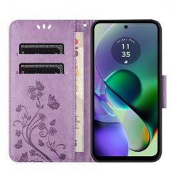 Peněženkové pouzdro Embossing Pattern Motyl a květ bledofialové – Motorola Moto G55 5G | Levné Kryty | Levné Kryty | Levné Kryty