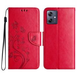 Peněženkové pouzdro Embossing Pattern Motyl a květ červené – Motorola Moto G55 5G | Levné Kryty | Levné Kryty | Levné Kryty