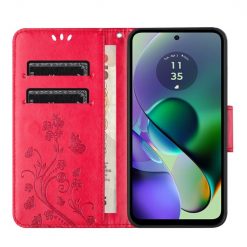 Peněženkové pouzdro Embossing Pattern Motyl a květ červené – Motorola Moto G55 5G | Levné Kryty | Levné Kryty | Levné Kryty