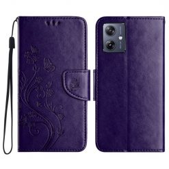 Peněženkové pouzdro Embossing Pattern Motyl a květ tmavofialové – Motorola Moto G55 5G | Levné Kryty | Levné Kryty | Levné Kryty