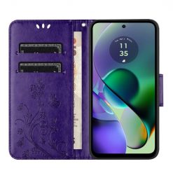 Peněženkové pouzdro Embossing Pattern Motyl a květ tmavofialové – Motorola Moto G55 5G | Levné Kryty | Levné Kryty | Levné Kryty