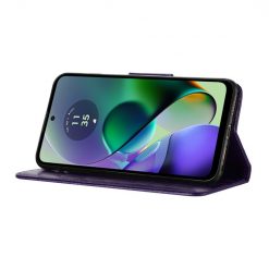 Peněženkové pouzdro Embossing Pattern Motyl a květ tmavofialové – Motorola Moto G55 5G | Levné Kryty | Levné Kryty | Levné Kryty