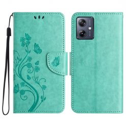 Peněženkové pouzdro Embossing Pattern Motyl a květ zelené – Motorola Moto G55 5G | Levné Kryty | Levné Kryty | Levné Kryty