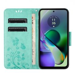 Peněženkové pouzdro Embossing Pattern Motyl a květ zelené – Motorola Moto G55 5G | Levné Kryty | Levné Kryty | Levné Kryty