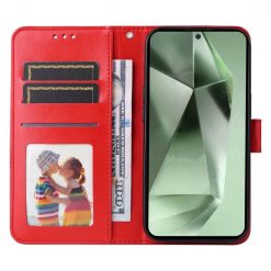 Peněženkové pouzdro Embossing Pattern Slunečnice červené – Samsung Galaxy S24 FE | Levné Kryty | Levné Kryty | Levné Kryty