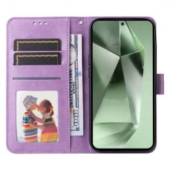 Peněženkové pouzdro Embossing Pattern Slunečnice fialové – Samsung Galaxy S24 FE | Levné Kryty | Levné Kryty | Levné Kryty
