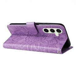 Peněženkové pouzdro Embossing Pattern Slunečnice fialové – Samsung Galaxy S24 FE | Levné Kryty | Levné Kryty | Levné Kryty