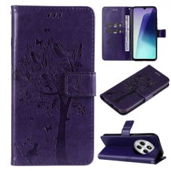 Peněženkové pouzdro Embossing Pattern Strom a kočka tmavofialové – Xiaomi Redmi 14C / Poco C75 | Levné Kryty | Levné Kryty | Levné Kryty