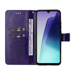Peněženkové pouzdro Embossing Pattern Strom a kočka tmavofialové – Xiaomi Redmi 14C / Poco C75 | Levné Kryty | Levné Kryty | Levné Kryty