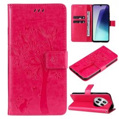 Peněženkové pouzdro Embossing Pattern Strom a kočka tmavorůžové – Xiaomi Redmi 14C / Poco C75 | Levné Kryty | Levné Kryty | Levné Kryty