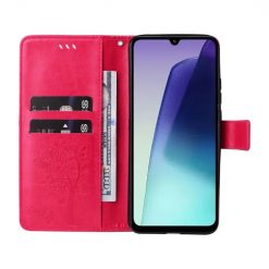 Peněženkové pouzdro Embossing Pattern Strom a kočka tmavorůžové – Xiaomi Redmi 14C / Poco C75 | Levné Kryty | Levné Kryty | Levné Kryty