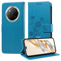 Peněženkové pouzdro Embossing Pattern Motýl a květ modré – Honor Magic 7 Lite | Levné Kryty | Levné Kryty | Levné Kryty