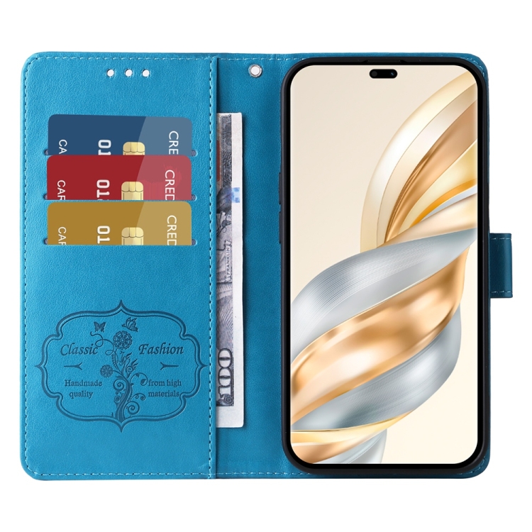 Peněženkové pouzdro Embossing Pattern Motýl a květ modré – Honor Magic 7 Lite | Levné Kryty | Levné Kryty | Levné Kryty