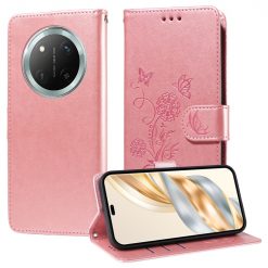 Peněženkové pouzdro Embossing Pattern Motýl a květ růžové – Honor Magic 7 Lite | Levné Kryty | Levné Kryty | Levné Kryty