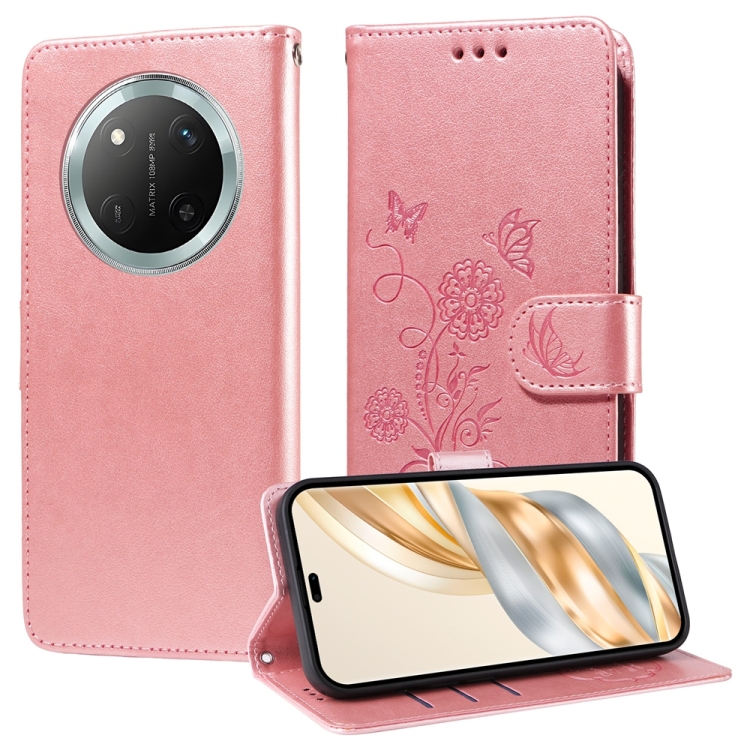 Peněženkové pouzdro Embossing Pattern Motýl a květ růžové – Honor Magic 7 Lite | Levné Kryty | Levné Kryty | Levné Kryty