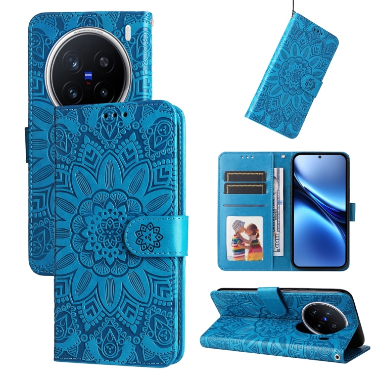 Peněženkové pouzdro Embossing Pattern Slunečnice modré – Vivo X200 Pro | Levné Kryty | Levné Kryty | Levné Kryty