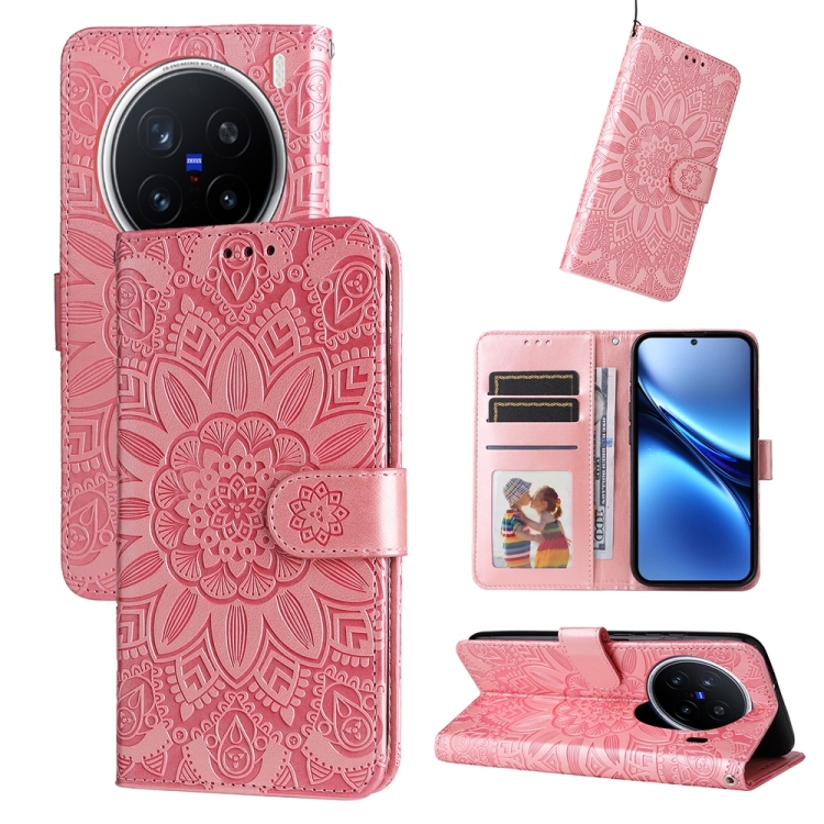 Peněženkové pouzdro Embossing Pattern Slunečnice růžové – Vivo X200 Pro | Levné Kryty | Levné Kryty | Levné Kryty