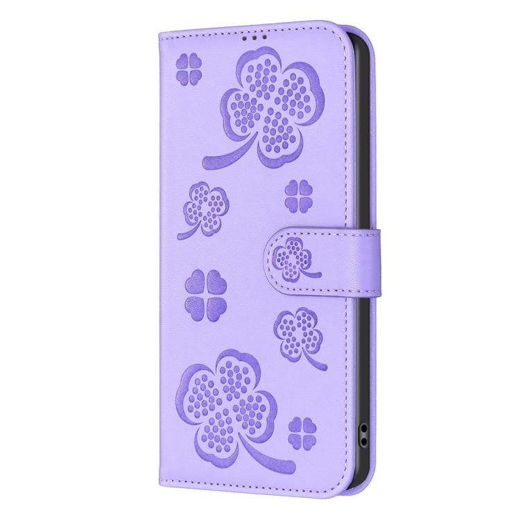 Peněženkové pouzdro Embossing Pattern case Čtyřlístky fialové – Xiaomi Redmi Note 14 (4G) | Levné Kryty | Levné Kryty | Levné Kryty