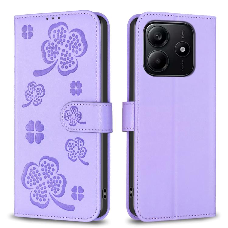Peněženkové pouzdro Embossing Pattern case Čtyřlístky fialové – Xiaomi Redmi Note 14 (4G) | Levné Kryty | Levné Kryty | Levné Kryty