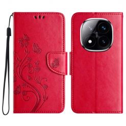 Peněženkové pouzdro Embossing Pattern Motýl a květ červené – Xiaomi Redmi Note 14 Pro+ 5G | Levné Kryty | Levné Kryty | Levné Kryty
