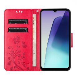 Peněženkové pouzdro Embossing Pattern Motýl a květ červené – Xiaomi Redmi Note 14 Pro+ 5G | Levné Kryty | Levné Kryty | Levné Kryty