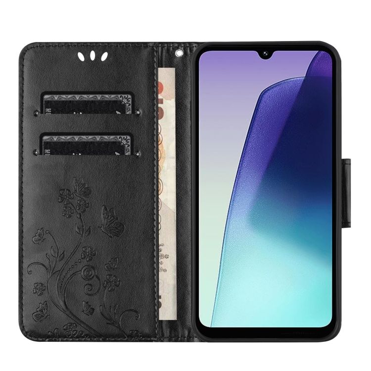 Peněženkové pouzdro Embossing Pattern Motýl a květ černé – Xiaomi Redmi Note 14 Pro+ 5G | Levné Kryty | Levné Kryty | Levné Kryty