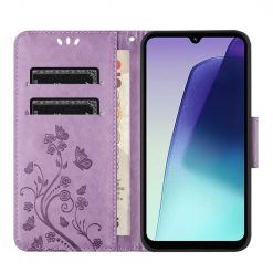 Peněženkové pouzdro Embossing Pattern Motýl a květ fialové – Xiaomi Redmi Note 14 Pro+ 5G | Levné Kryty | Levné Kryty | Levné Kryty