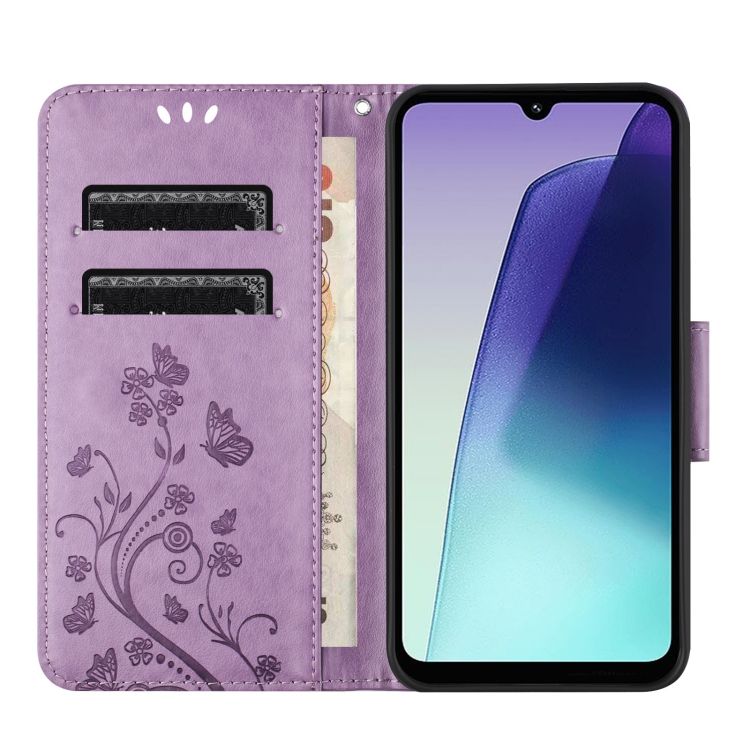 Peněženkové pouzdro Embossing Pattern Motýl a květ fialové – Xiaomi Redmi Note 14 Pro+ 5G | Levné Kryty | Levné Kryty | Levné Kryty