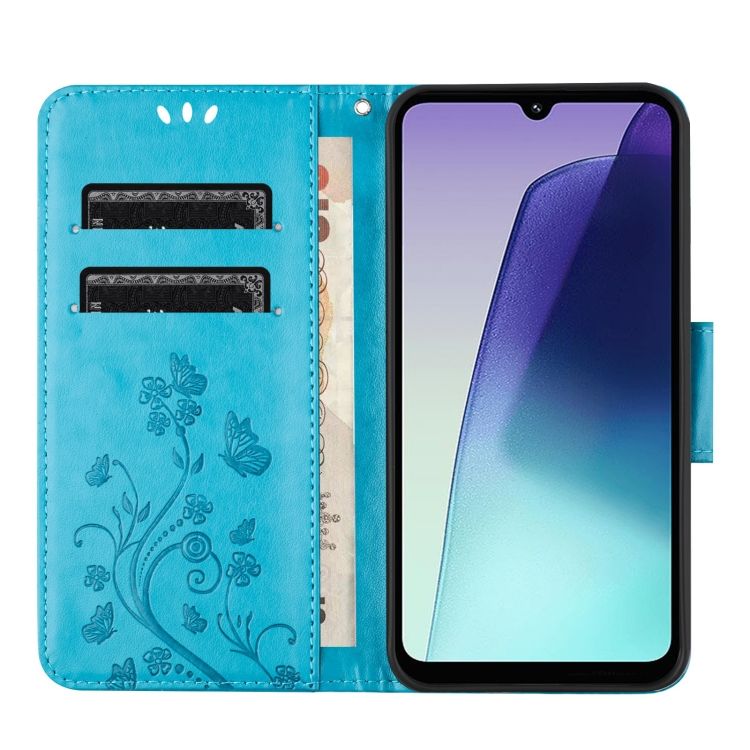 Peněženkové pouzdro Embossing Pattern Motýl a květ modré – Xiaomi Redmi Note 14 Pro+ 5G | Levné Kryty | Levné Kryty | Levné Kryty