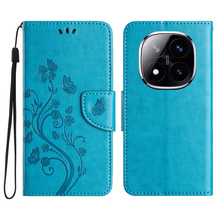 Peněženkové pouzdro Embossing Pattern Motýl a květ modré – Xiaomi Redmi Note 14 Pro+ 5G | Levné Kryty | Levné Kryty | Levné Kryty