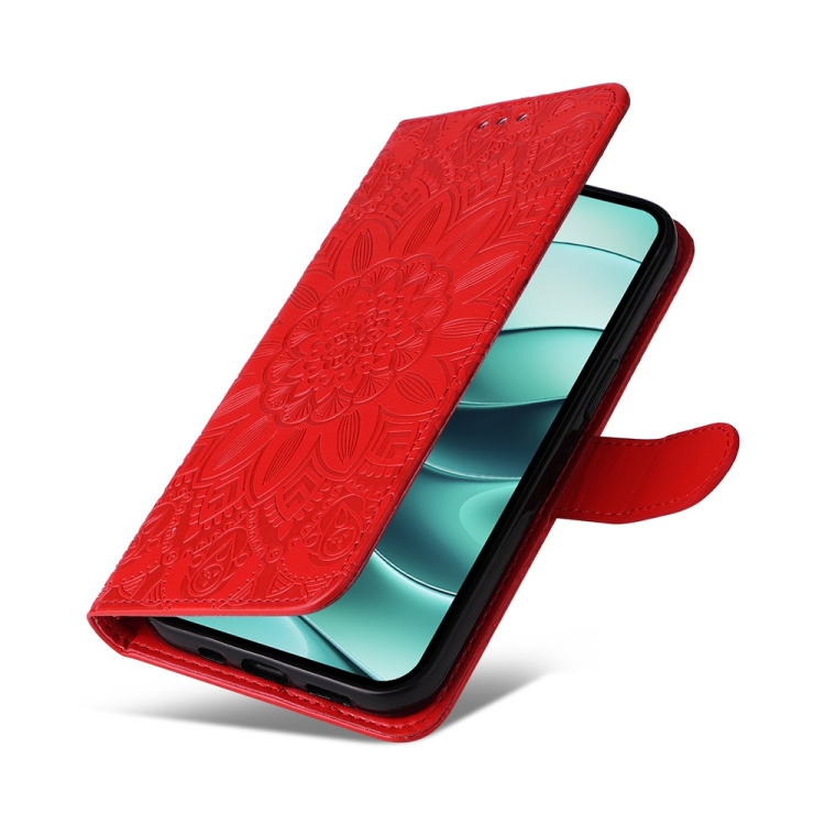 Peněženkové pouzdro Embossing Pattern Slunečnice červené – Xiaomi Redmi Note 14 5G | Levné Kryty | Levné Kryty | Levné Kryty